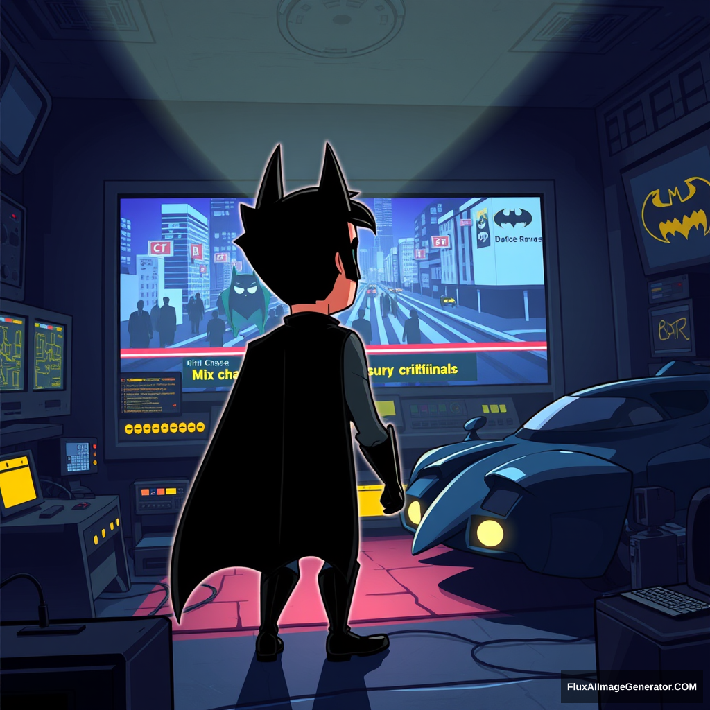 Bruce Wayne, dressed in his signature dark suit, stands in front of a massive computer screen inside the dimly lit Batcave. The screen displays a news broadcast showing mid-chase, pursuing criminals through the city. The Batcave is filled with high-tech gadgets, glowing monitors, and the iconic Batmobile in the background. The scene is depicted in a cartoon animated style, with exaggerated features, vibrant colors, and dynamic lighting that highlights the intensity of the moment.