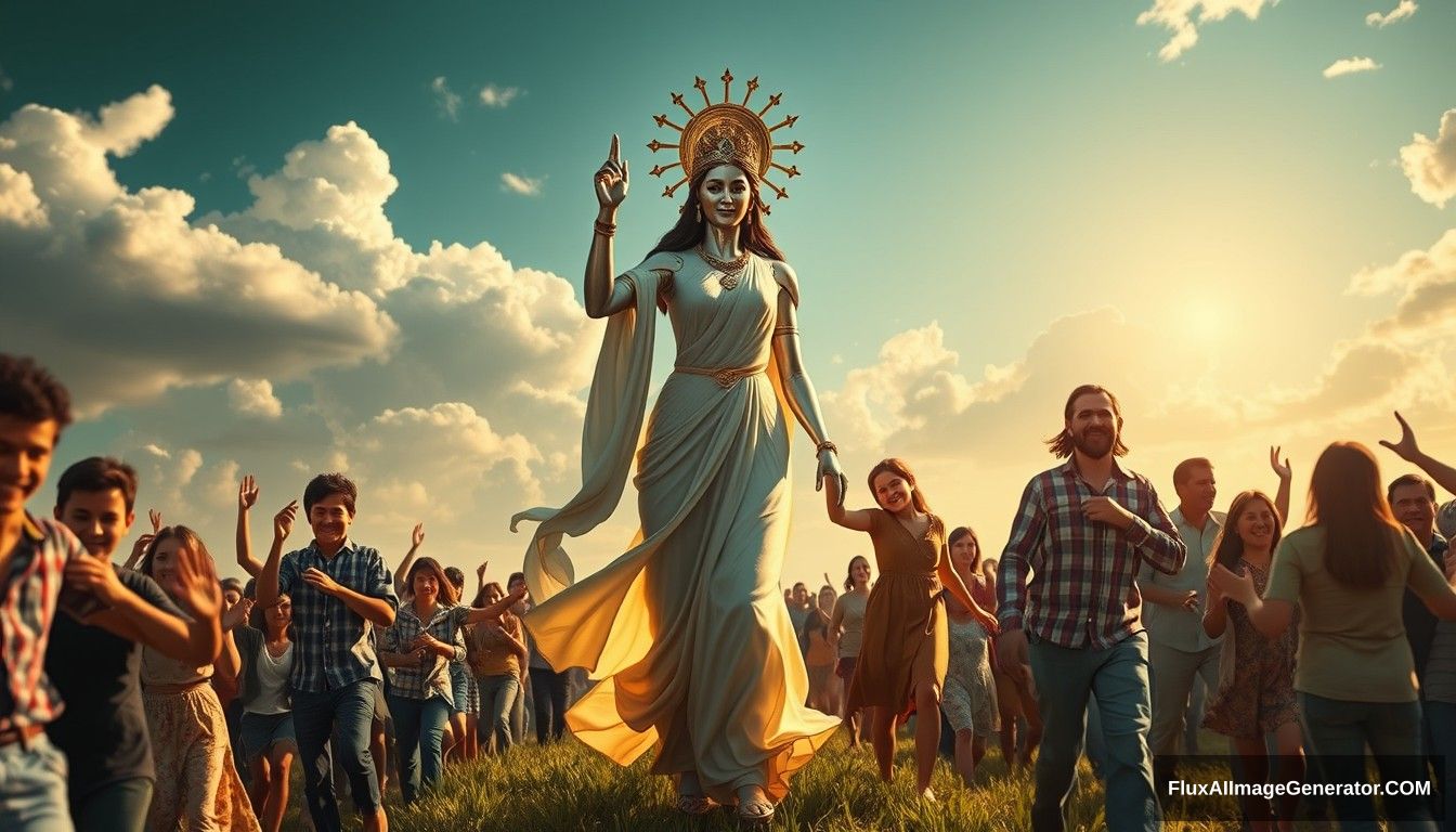 A powerful and inspiring image depicting the concept of freedom and food sovereignty. In the foreground, a goddess symbolizing decentralization leads the people towards a bright future, reminiscent of the iconic painting 'Goddess Leading the People.' The lady appears mostly human, with only about 10% of her body showing robotic elements. She is surrounded by families and individuals who are joyous and supportive, embracing and helping each other. The scene is vibrant and full of hope, capturing the essence of unity, progress, and decentralized, family-based agricultural production. - Image