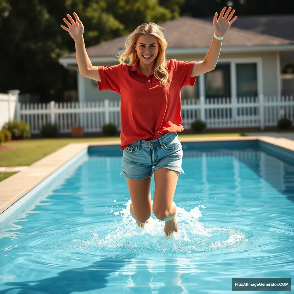 Front view of a young, skinny blonde woman, who has a nice tan and is in her early twenties, standing in her large backyard. She is wearing an oversized red polo t-shirt that is slightly askew on one shoulder, with the bottom part untucked. She also has on size M light blue denim shorts and no shoes or socks. She jumps into the pool with her arms raised in the air, creating a big splash as her legs go underwater. - Image