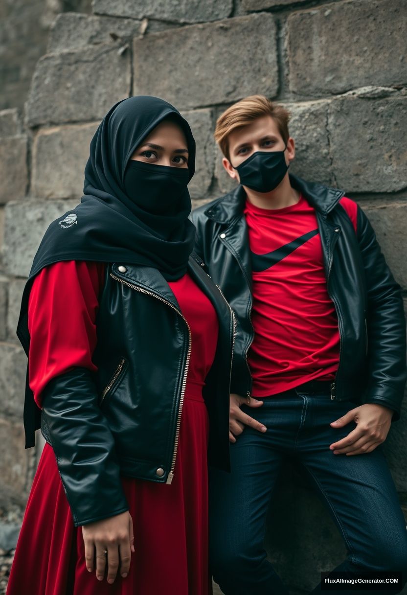 A biggest black hijab girl, beautiful eyes, face mask black, black leather jacket, biggest red longest dress, untall, standing near him,

Jamie Dornan, handsome, youngest, face mask black, fit and tough body, Nike red t-shirt, black leather jacket, jeans, tall man, laying at wall,

Hyper realistic, photorealistic, studio photography, Victoria's abandoned castle, gloomy. - Image