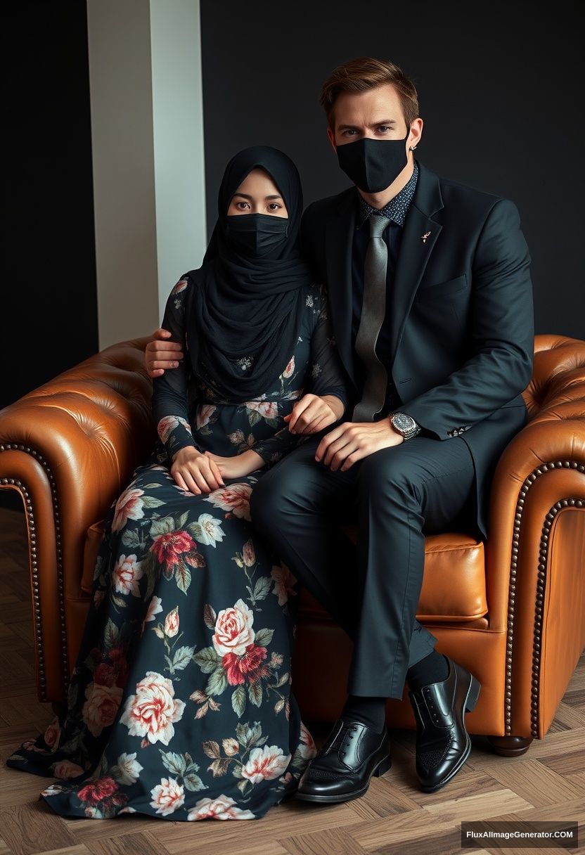 A biggest black hijab girl, slim girl, beautiful eyes, face mask black, biggest floral longest dress, sitting on leather single wing sofa, 

Jamie Dornan, youngest, black suit coat, grey pattern tie, black leather sneaker, tall man, face mask black, tough body, sitting near her, 

hyper realistic, studio photography. - Image