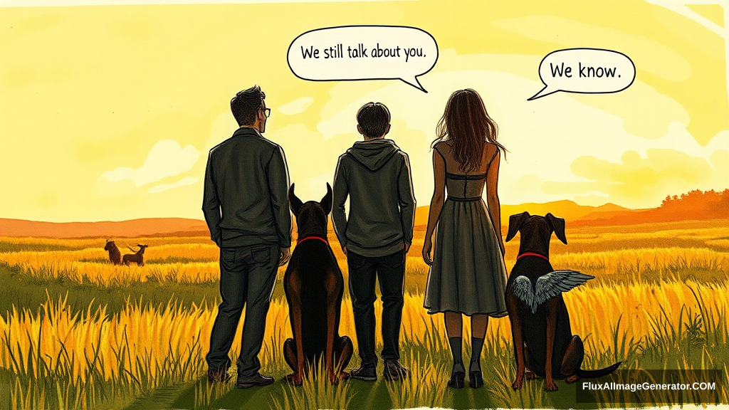 Messy, pencil sketch color illustration: 4 silhouetted figures—2 male, 2 female—stand in a lush meadow at golden hour. 3 ethereal, winged Dobermans sit beside them. Facing away from the viewer. Speech bubbles float above: "We still talk about you" (human), "We know" (dog). Nostalgic atmosphere, convey wistful longing. - Image