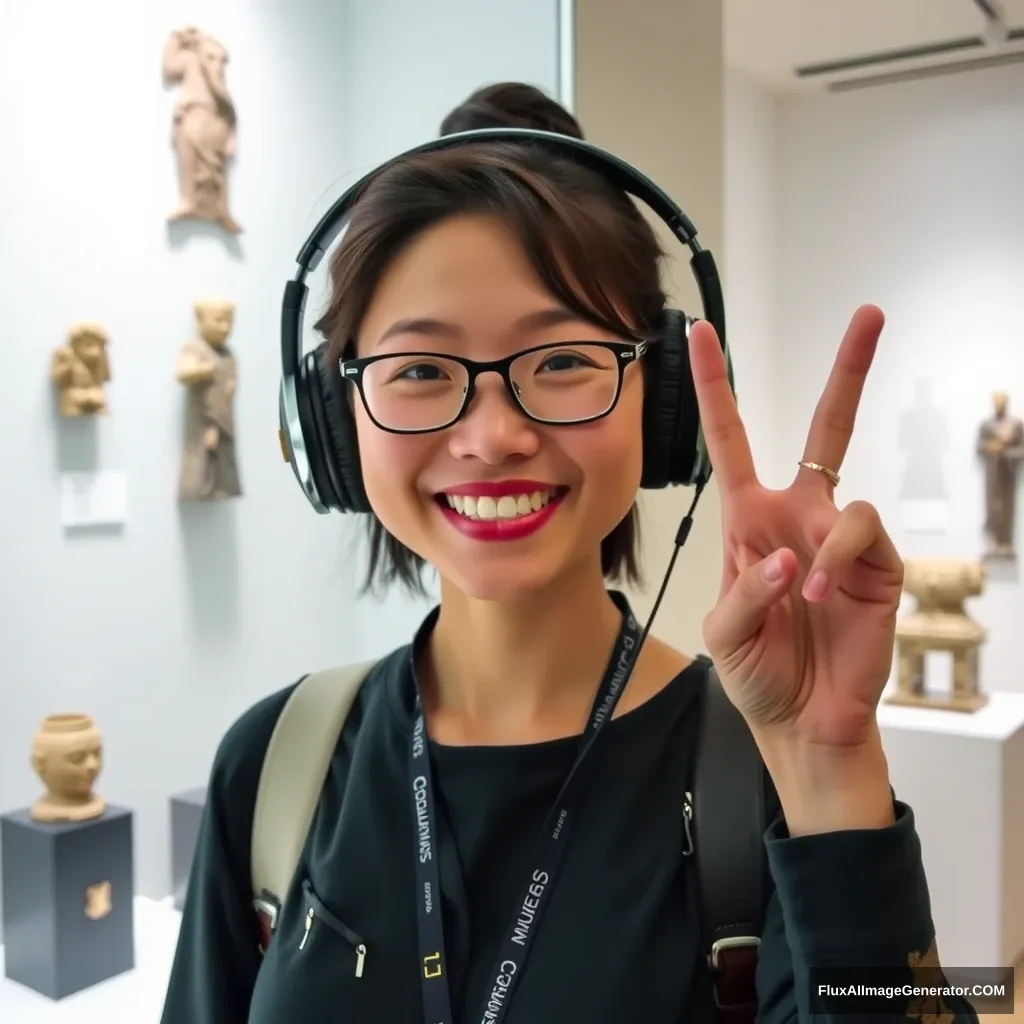 "Museum artifacts, Cixi wearing headphones, V sign, interesting shot, humorous actions, fun works, exhibits, toothy grin."