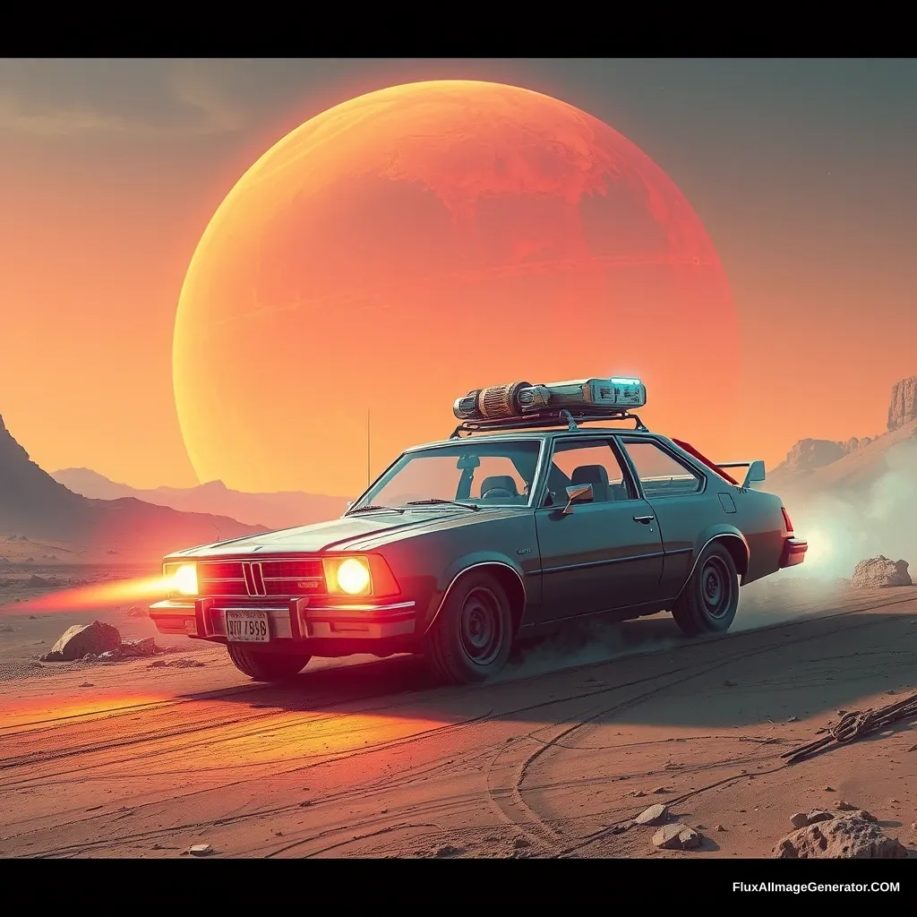 A car travels to Mars in a cyberpunk style.