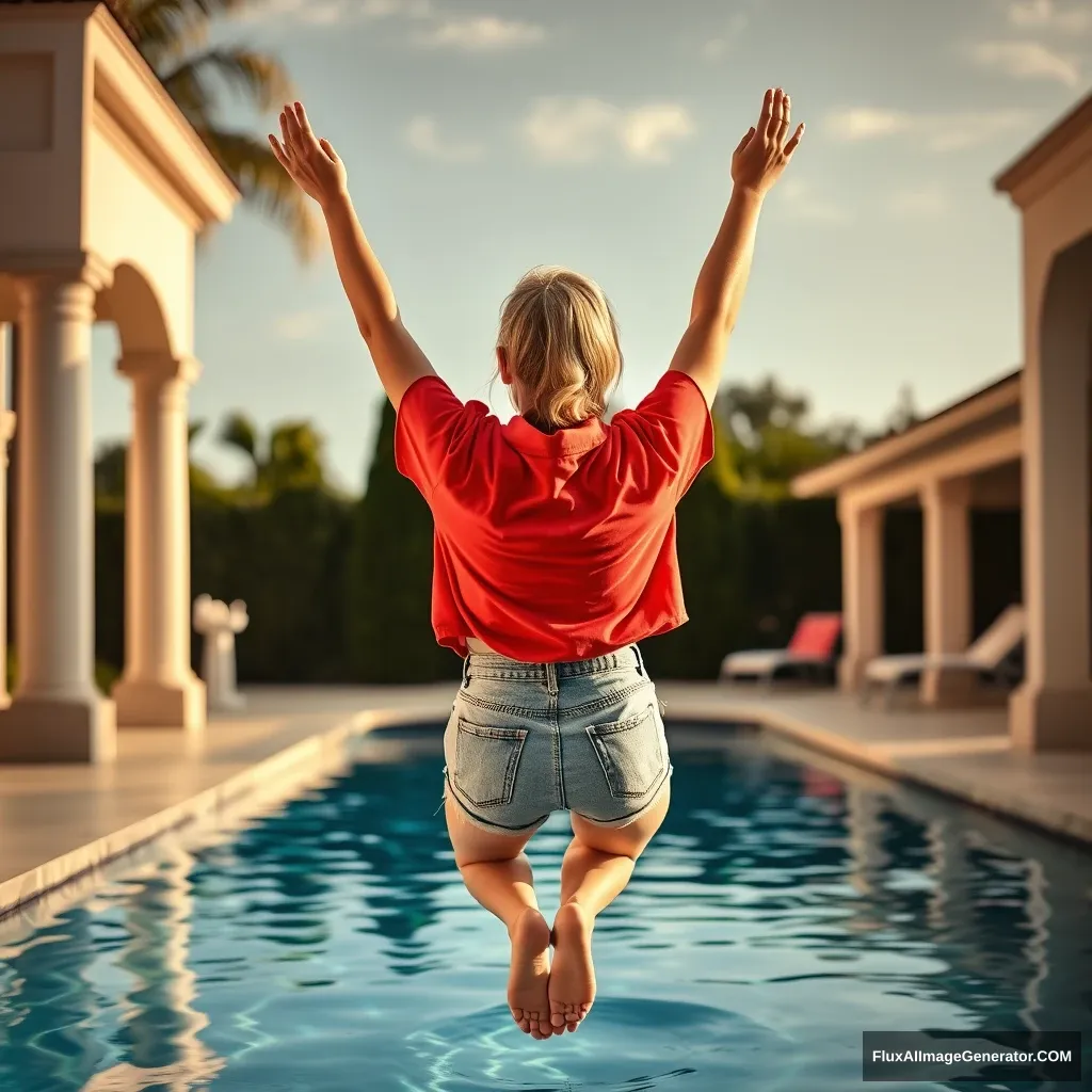 Back view of a young blonde skinny woman in her early twenties is in her massive backyard wearing an oversized red polo t-shirt that is slightly off balance on one shoulder. The bottom part of her t-shirt is tucked in all around, and she is wearing medium-sized light blue denim shorts, with no shoes or socks. She dives into her luxurious pool with her arms raised above her head, and she is upside down. - Image