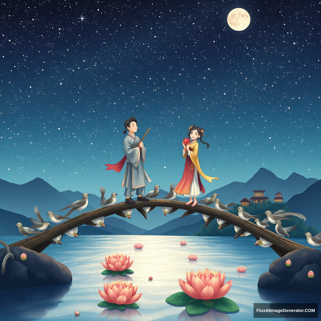 Style: Chinese traditional painting style, such as fine brushwork and ink wash painting, as well as more modern illustration styles, while maintaining a romantic and classical atmosphere.

Scene:

A starry night sky with twinkling stars, and a bright moon emitting a soft glow.
In the center of the scene are the Cowherd and the Weaver Girl, dressed in traditional Hanfu, standing on the Magpie Bridge gazing at each other from afar.
The Cowherd holds a bamboo pole, while the Weaver Girl holds a delicate red thread ball, both of their faces filled with happy smiles.
The Magpie Bridge is made up of countless magpies, forming a bridge with their bodies, symbolizing the loyalty and resilience of love.
Beneath the bridge is the shimmering Milky Way, with a few lotus flowers floating on its surface, adding a sense of tranquility and romance.
In the distance, mountain peaks are dotted with several brightly lit houses, symbolizing warmth and blessings in the human world.
The scene can incorporate some traditional elements, such as: red threads, magpies, lotus flowers, lanterns, jade pendants, etc., to create a strong Qixi Festival atmosphere.
Details:

The characters' clothing and expressions should reflect joy and romantic emotions.
The starry sky should be filled with dreamy colors, and the stars should shine brightly.
The shape of the Magpie Bridge should be elegant, and the postures of the magpies should be lively.
The overall scene should be full of romance and beauty, allowing people to feel the sweetness and beauty of love.