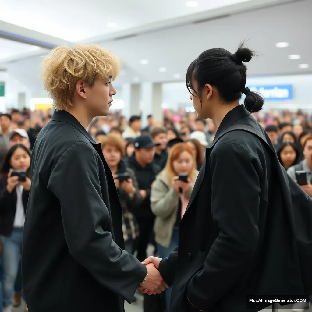 A man with curled, blonde ear-length hair and a man with low pony-tailed ebony hair are holding each other's hands in front of a huge crowd of fans at the airport. Both are styled like K-pop idols, and the blonde man is taller than the other man.