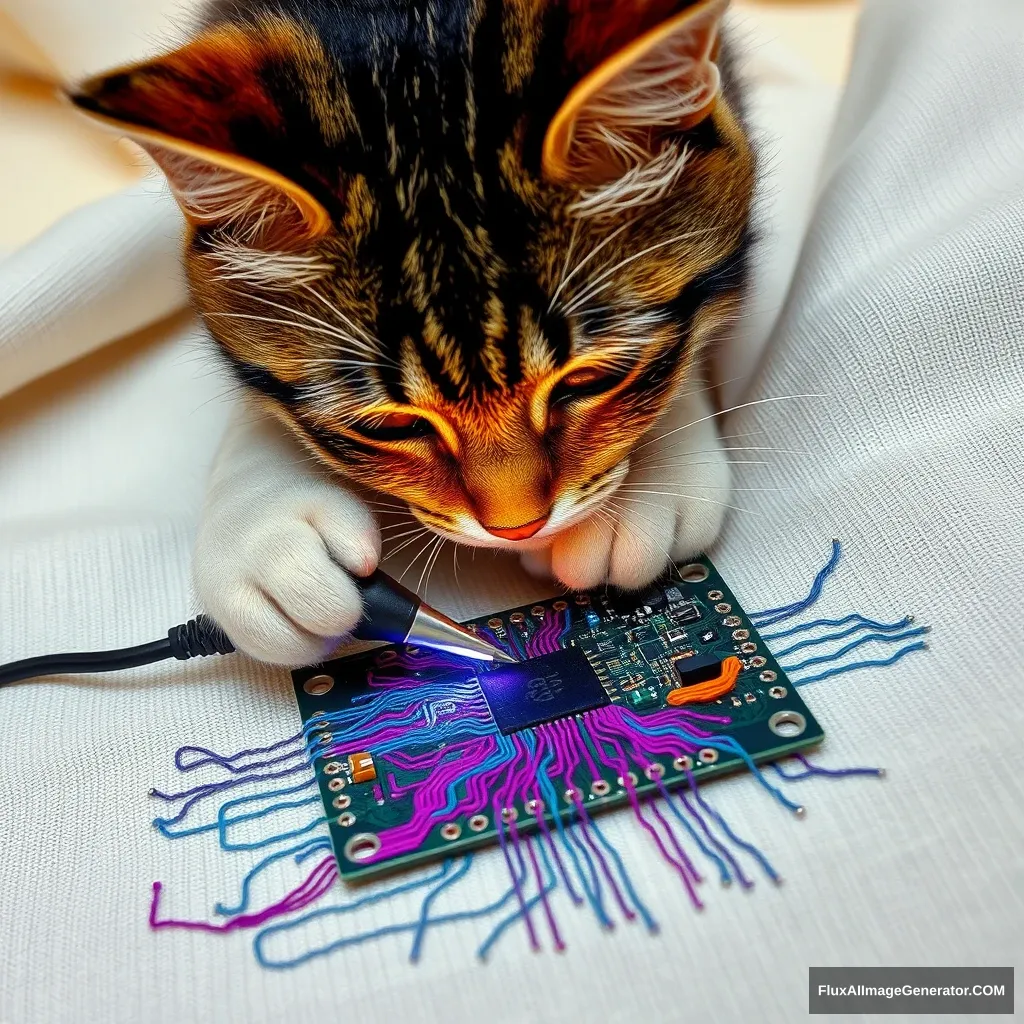 A mischievous tabby cat meticulously solders a circuit board with a miniature iron. Vibrant threads weave intricate patterns, mimicking electronic pathways. Soft fabric backdrop, warm lighting. Delicate French knots form components. Style: Hyper-realistic embroidery art, blending traditional craftsmanship with modern technology.