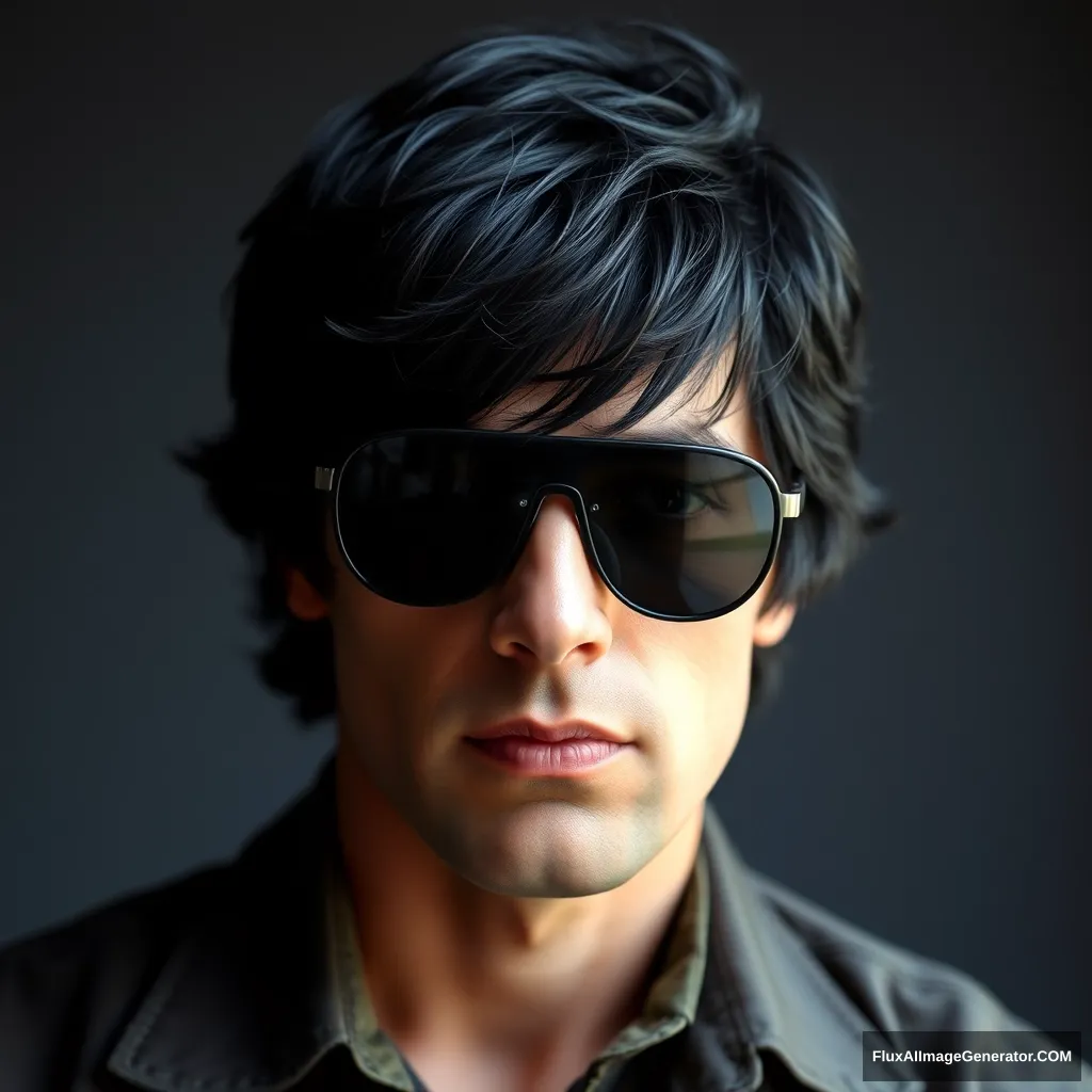 80's cop sunglasses, his name is Köppel, black hair. - Image