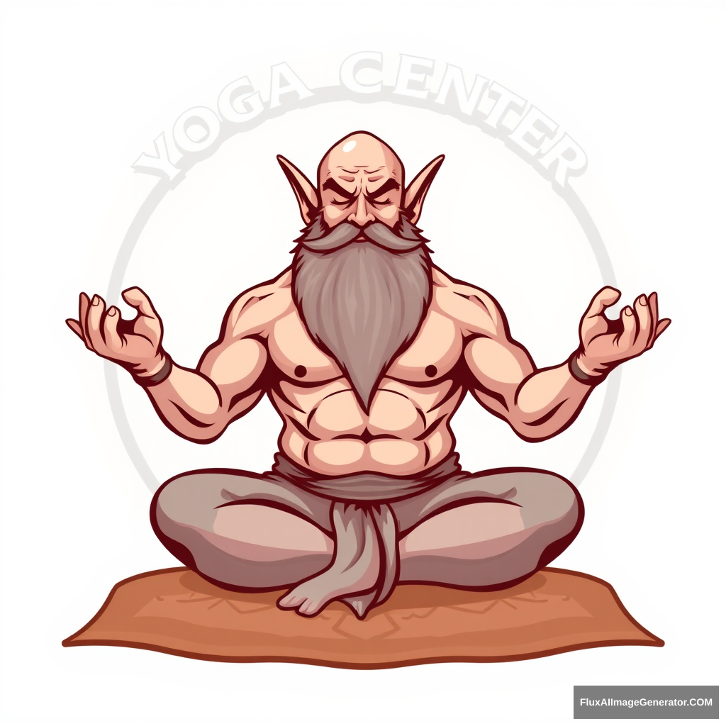 Yoga Center logo: a muscular large bald dwarf with a beard in the lotus position flirting with a woman