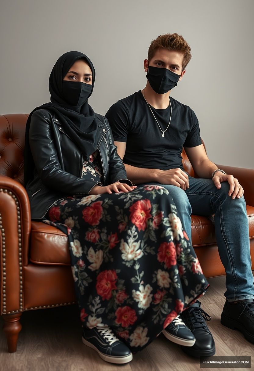 A black hijab girl, slim girl, beautiful eyes, black face mask, black leather jacket, biggest floral long dress, black leather sneakers, sitting on a leather single-wing sofa, Jamie Dornan, youngest, silver necklace, black T-shirt, jeans, black leather sneakers, tall man, black face mask, fit body, sitting near her, hyper-realistic, studio photography. - Image