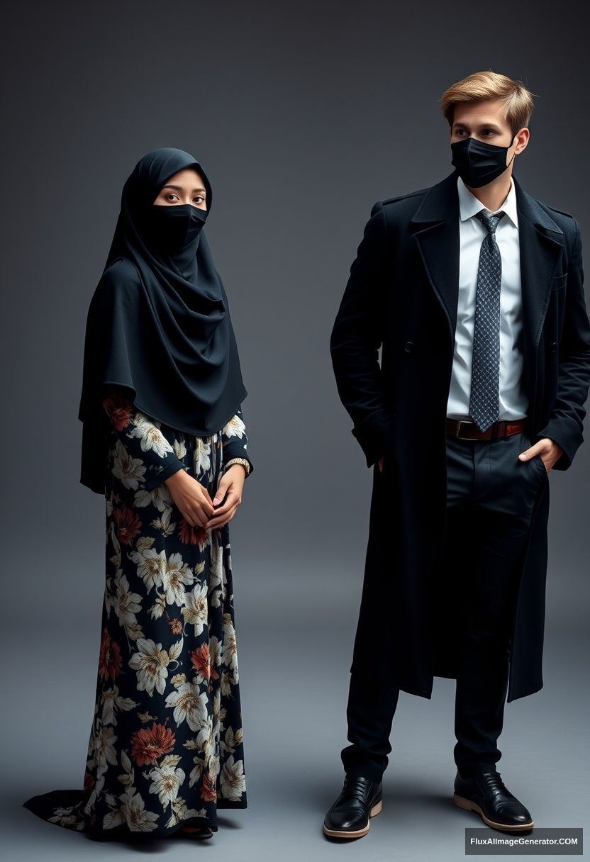 A biggest black hijab girl, slim girl, beautiful eyes, face mask black, biggest floral longest dress, standing

Jamie Dornan, youngest, black coat, white shirt, grey pattern tie, black leather sneaker, tall man, face mask black, fit tough body, standing near her,

hyper realistic, studio photography - Image