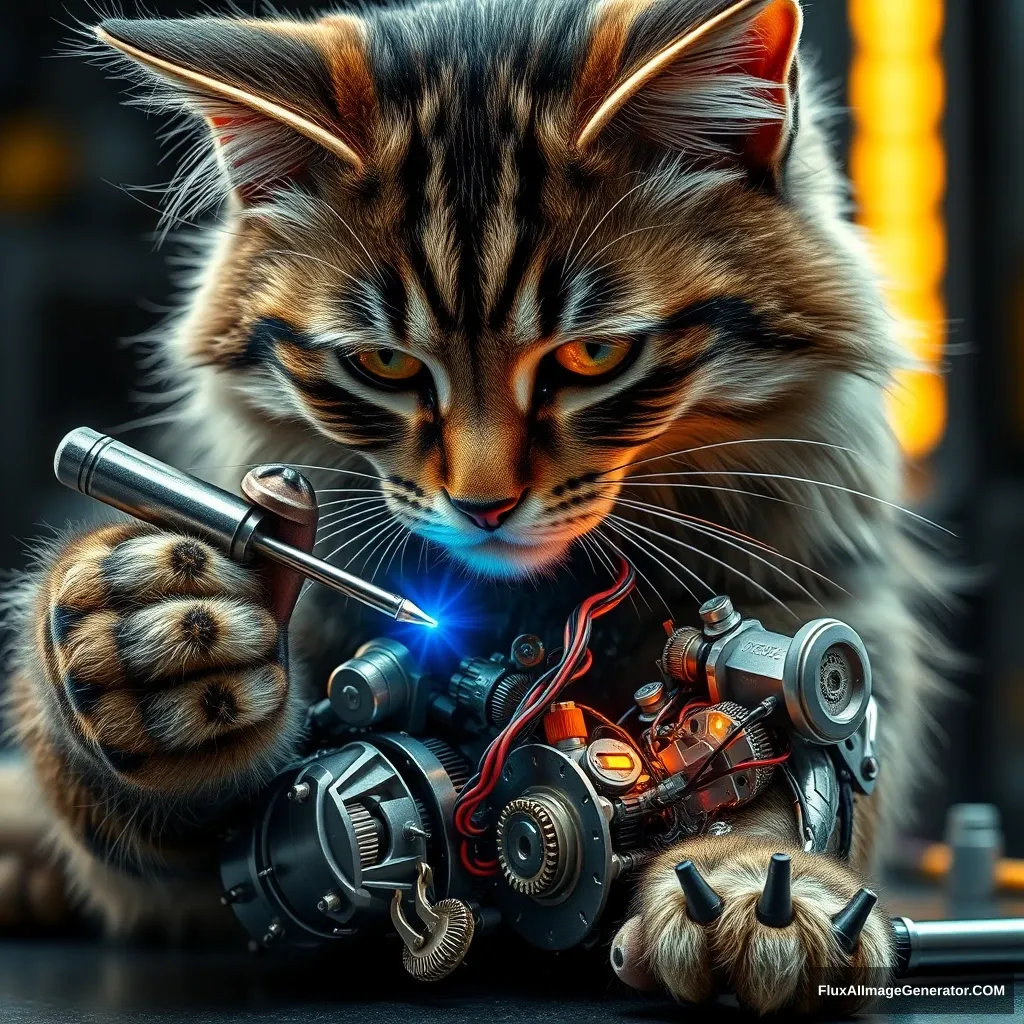 A cybernetic feline with lifelike fur meticulously repairs its exposed mechanical leg, wielding a precision screwdriver. Intricate gears, pulsing circuits, and shimmering fiber optics intertwine within the limb. Hyper-realistic details capture every whisker, reflecting workshop lights on polished metal components. Determination gleams in its eyes. - Image