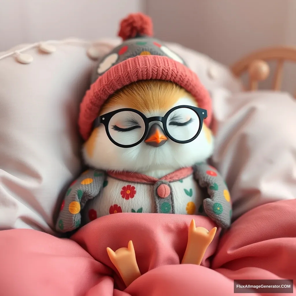 Very small, chubby, sweet Kawaii little bird with glasses, a hat, and colorful pajamas in her beautiful Kawaii bed sleeping. - Image