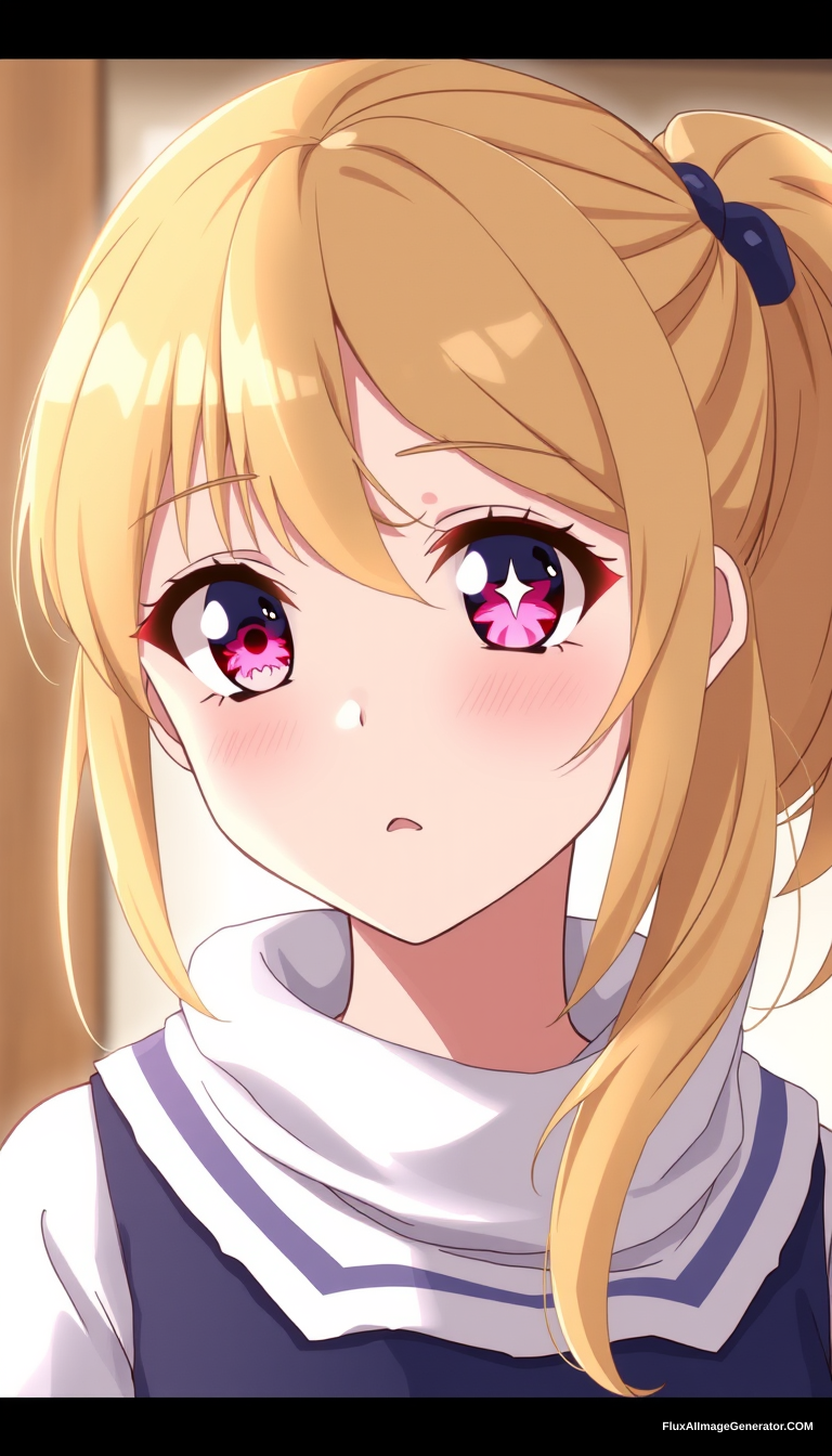 A beautiful young girl of average height with blonde hair that she ties in a side ponytail (much like how her late mother Ai Hoshino did) and possesses pink-ruby colored eyes with a six-star on her left eye like her late mother. Anime style. She has a star only in her right eye. High quality. - Image