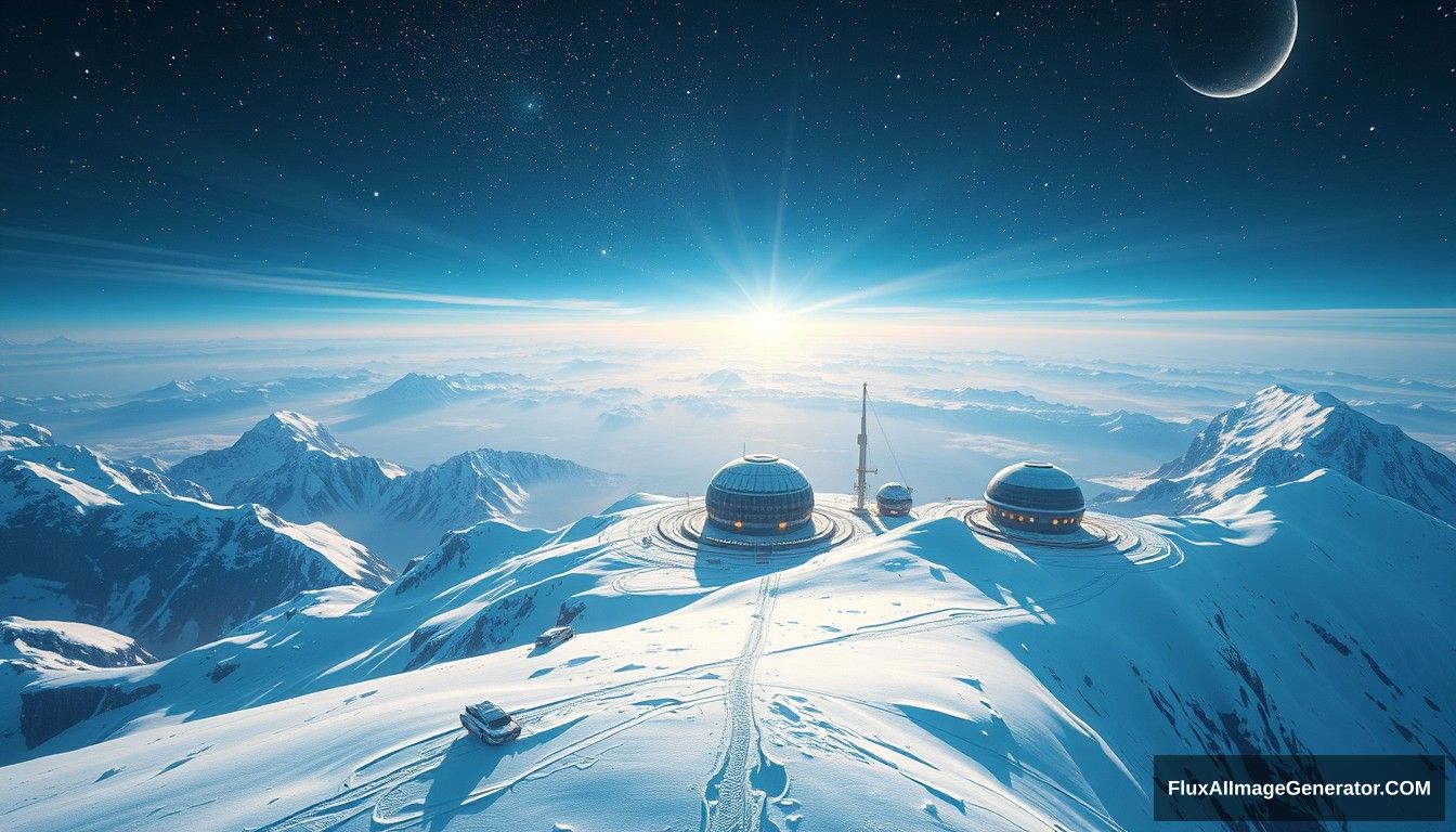 Cel shaded art, wide shot, from above, Dutch angle, from side, perspective, intense angle, depth of field. A sci-fi center on the top of a snowy mountain, open air, close look. - Image