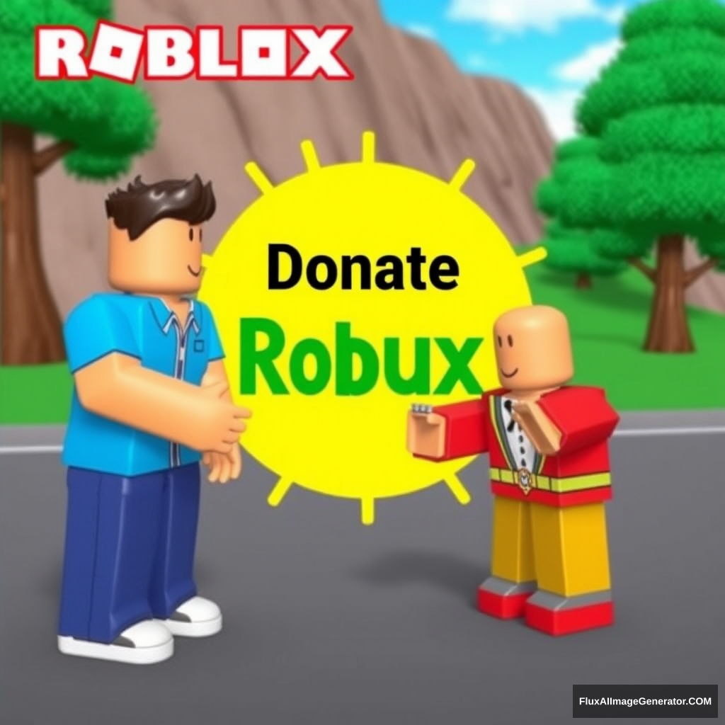 Please donate Robux in the Roblox game. Stand and beg for Robux from another character, and a character will give Robux money to the poor. Please give money in the game. Roblox background place #detailed, #explained. - Image