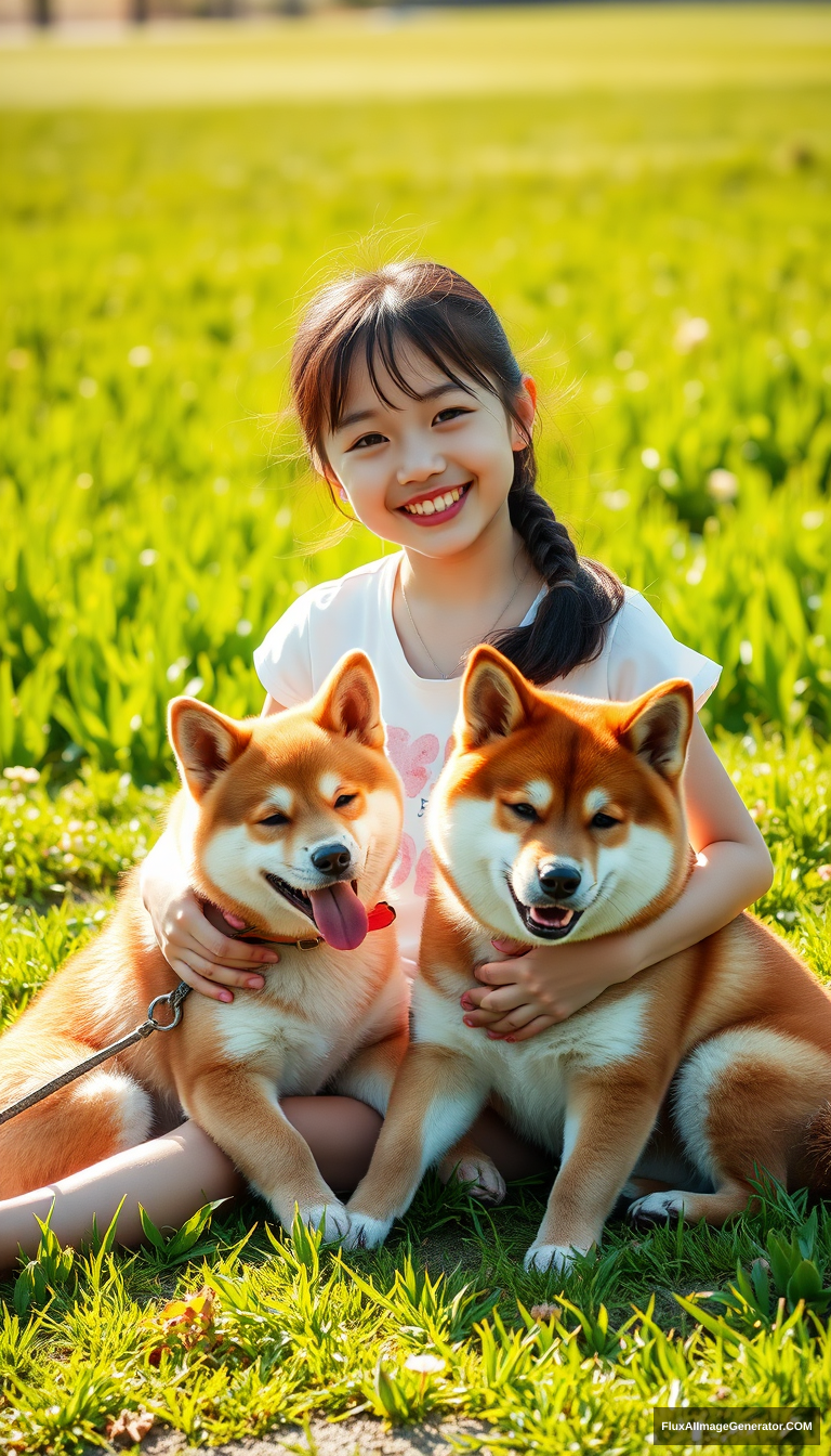 "A young Asian girl and a baby Shiba Inu sit in the garden basking in the sun, with the spring sunlight shining on her, and behind her is a green field. Master shot, fresh, realistic, Tyndall."