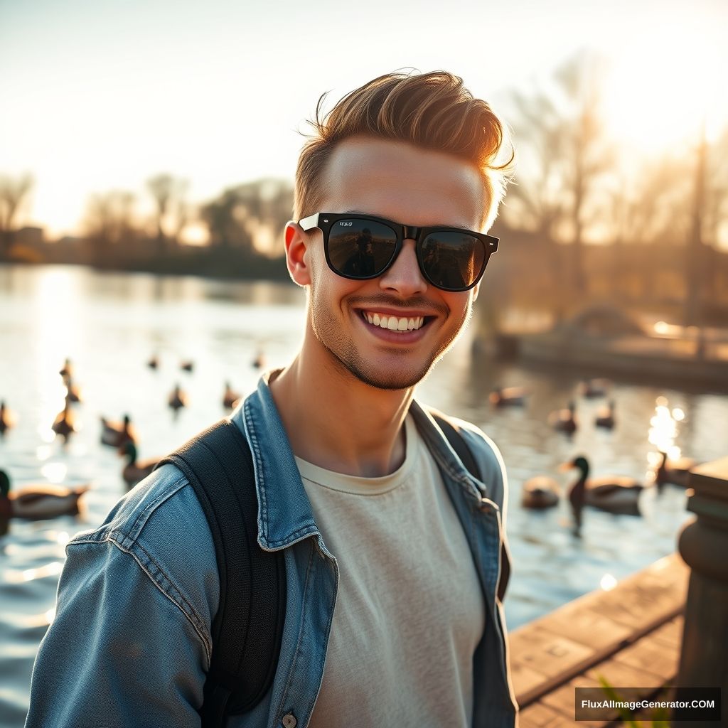 A sunny, handsome guy looking for a girlfriend, striking blue eyes and a contagious laugh, wearing trendy sunglasses and a casual outfit, standing near a picturesque lake, with ducks swimming in the water and trees reflecting in the surface, the sun setting in the background, casting golden light, composition highlighting the guy’s casual pose with the shimmering lake creating a serene backdrop, an atmosphere filled with warmth and longing for companionship, photography shot with a Canon EOS R5, 85mm lens, softly blurred background emphasizing the subject, --ar 16:9 --v 5.