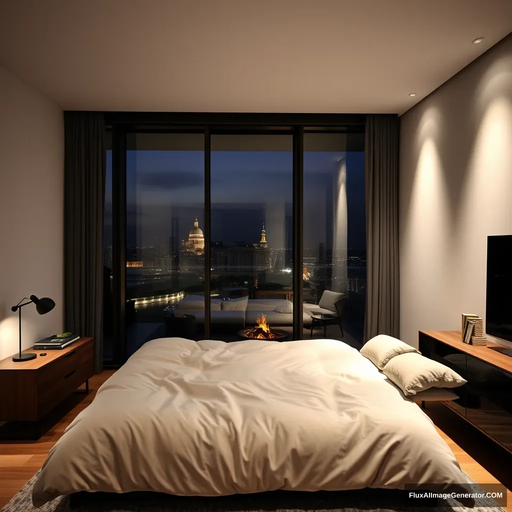 Modern bedroom apartment, big glass window, midnight in France. - Image