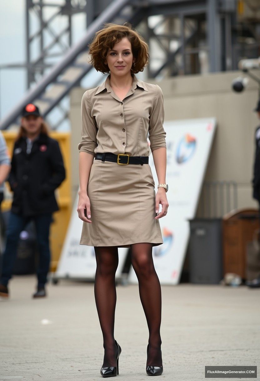 Ellen Page is standing in a civil engineer outfit in the character environment, with short curly hair, pantyhose, and stiletto pumps. - Image