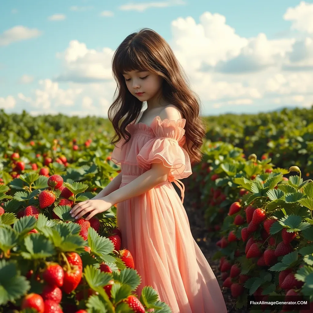 A girl wearing a transparent pink chiffon dress picking strawberries in a strawberry field, with blue sky and white clouds, a solid color background, Picas style, 3D rendering, natural light, high-definition picture quality, 8k, -- niji 6