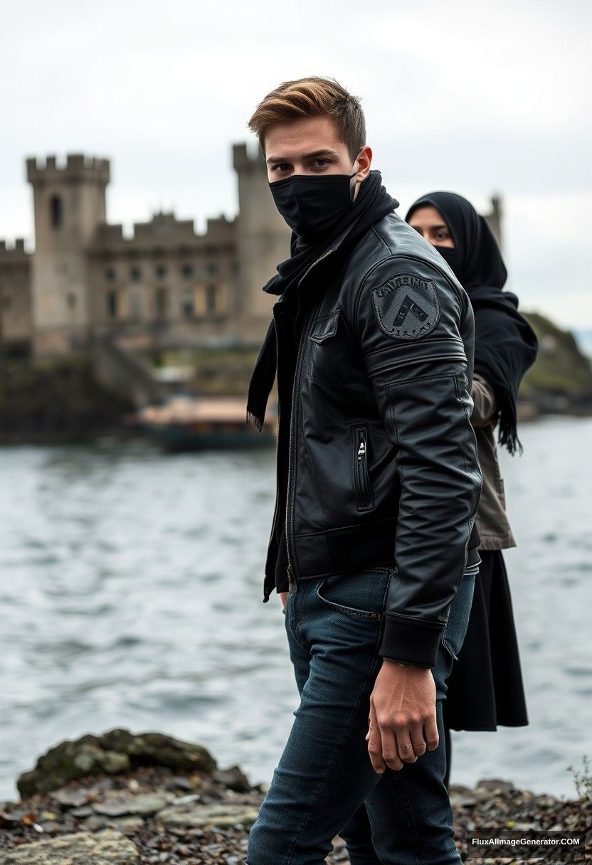 Jamie Dornan's head and body shot, handsome, youngest, face mask black, black leather jacket, jeans, dating, love with the biggest black hijab Muslim girl, not tall, beautiful eyes, face mask, maroon leather jacket, biggest black skirt, leaning on his shoulder, hyper-realistic, studio photography, full body photo, exploring at an abandoned castle, at sea, gloomy scenery. - Image