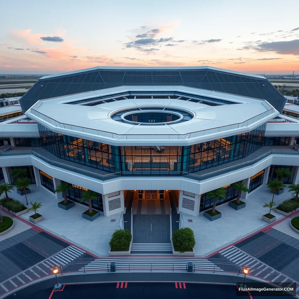 A modern airport campus with an octagonal design theme.