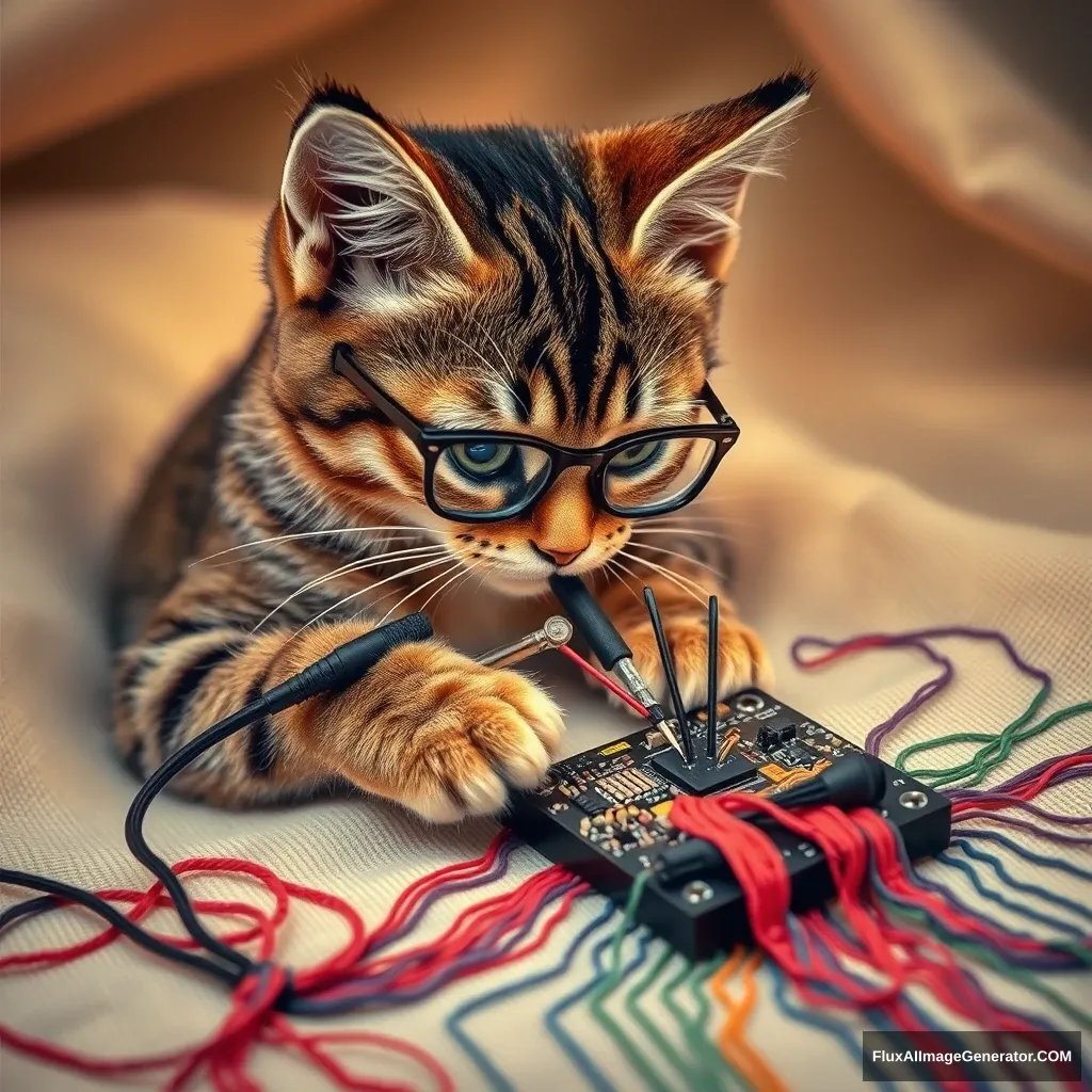 A mischievous tabby cat, wearing tiny spectacles, meticulously solders a circuit board with a miniature iron. Vibrant threads weave intricate patterns, mimicking electronic pathways. Soft fabric backdrop, warm lighting. Delicate French knots form components. Style: Hyper-realistic embroidery art, blending traditional craftsmanship with modern technology.