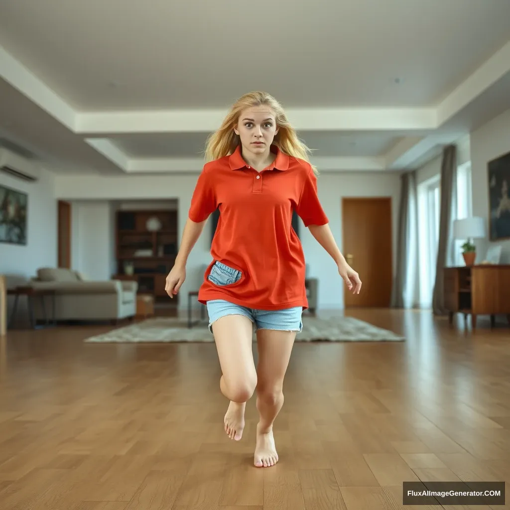 Front view of a blonde skinny woman in her early twenties in a massive living room, wearing a massively oversized red polo t-shirt that is slightly off-balance on one shoulder, with the bottom part untucked. She wears light blue denim shorts and has no shoes or socks. Facing the camera with a scared expression, she runs towards it with both arms straight down. - Image