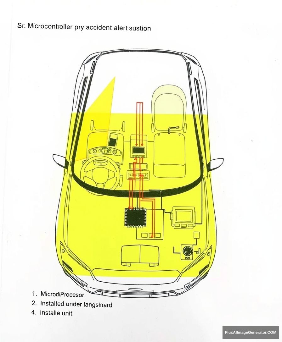 Create a detailed sketch of a car equipped with an advanced accident alert system, focusing on the specific installation locations of the following hardware components:

Microcontroller/Processor:

Installed under the dashboard or in a central control unit.