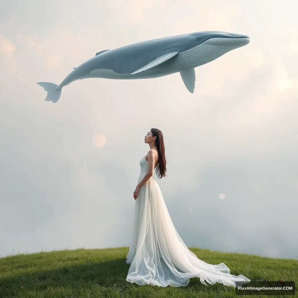 A fascinating surrealist photo featuring Li Bingbing gracefully standing on lush green grass beneath a dreamlike soft sky. Above her, a giant whale floats calmly in the air, creating a whimsical and enchanting atmosphere. She wears a flowing, ethereal designer gown that complements the surreal landscape. This high-resolution image was captured by Hu Jieqing in 2022 using IR 660 nm photography and Unity HDRP, highlighting the intricate details of her outfit and the fantastical elements of the scene. A gentle haze adds a layer of mystery and dreaminess, reminiscent of Hu Zhaobin's Arca album cover. This photo perfectly merges the surreal beauty of the flying whale with modern fashion, making it ideal for creating a captivating and otherworldly album cover. - Image