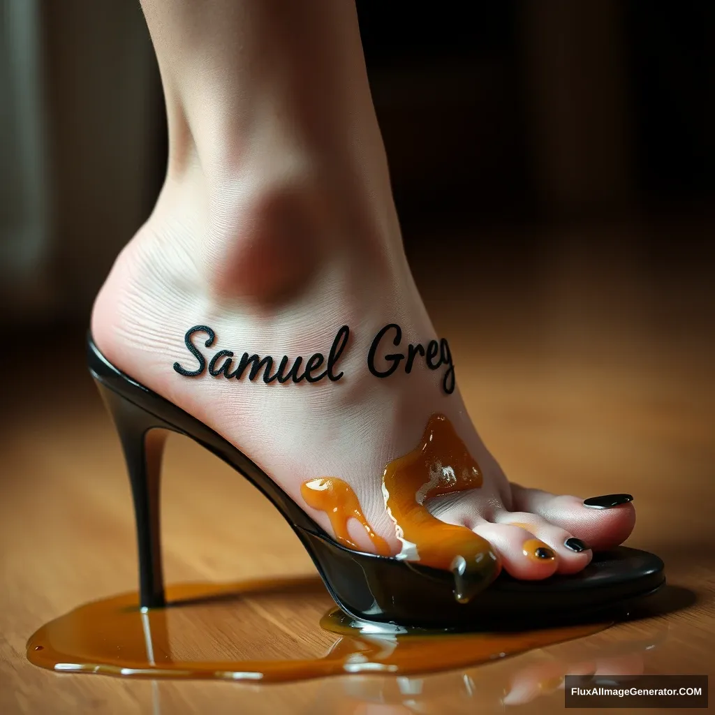 The name "Samuel Greg" on a woman's foot in a black high heel. There is oil all over the foot.