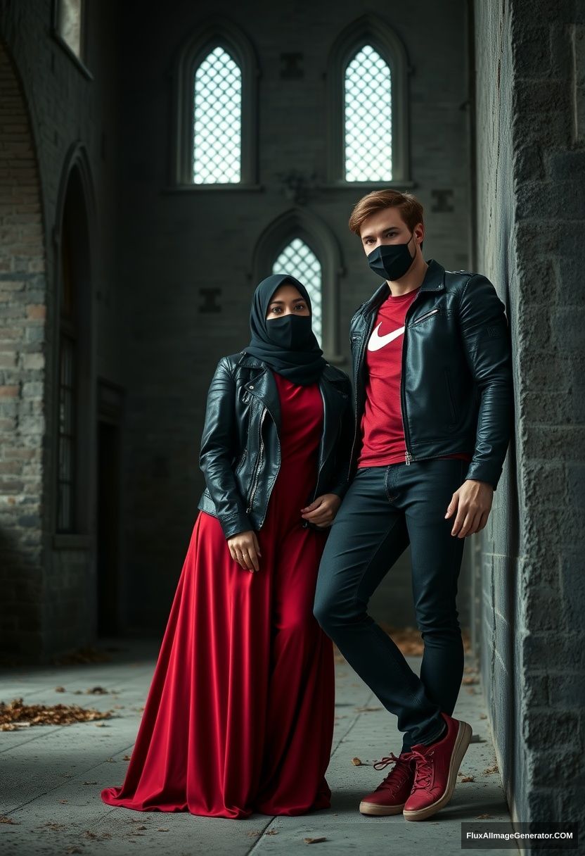 A biggest black hijab girl, beautiful eyes, face mask black, black leather jacket, biggest red longest dress, not tall, standing near him and love, love couple

Jamie Dornan, handsome, youngest, face mask black, fit and tough body, Nike red t-shirt, black leather jacket, jeans, red sneakers, tall man, laying against the wall, love couple

Hyper-realistic, photorealistic, studio photography, Victoria's abandoned castle, gloomy.