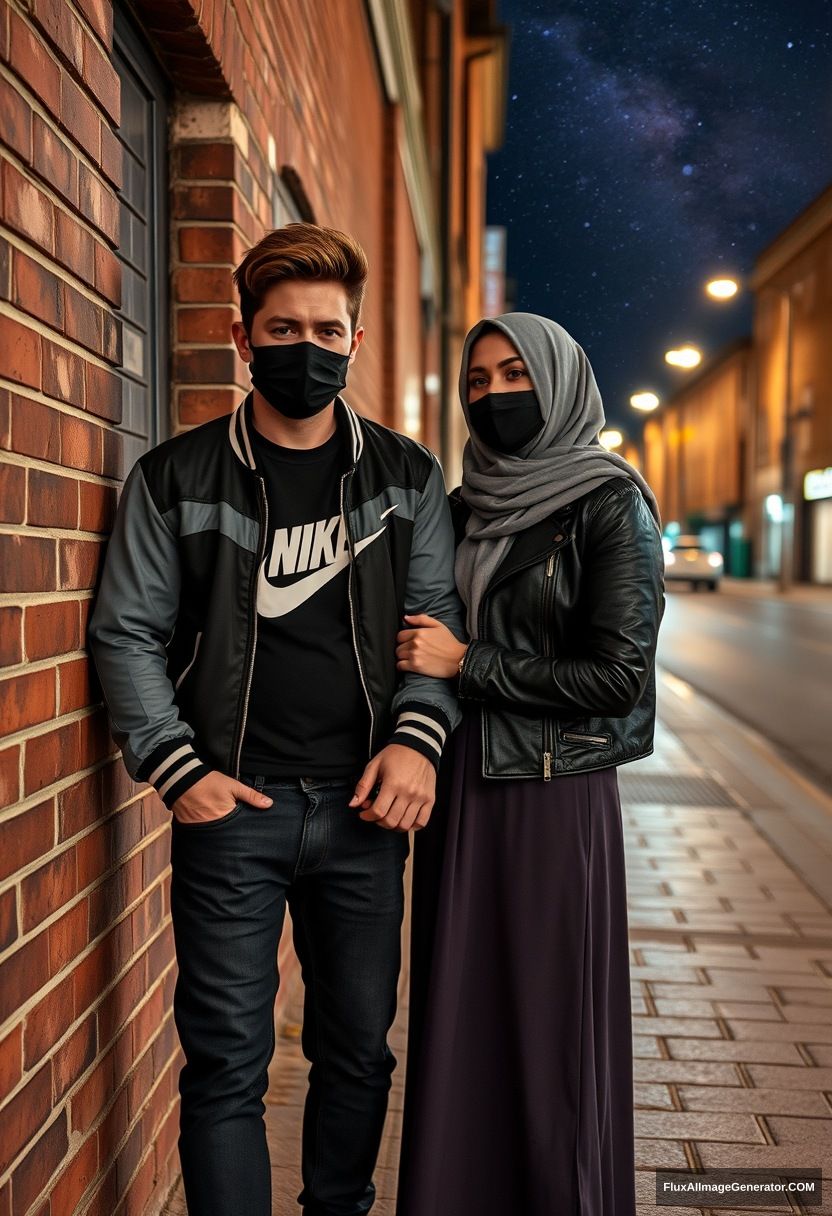 Jamie Dornan, youngest, black face mask, collage jacket, Nike t-shirt, jeans, tall man, fit body,

Dating, love with the biggest grey hijab Muslim girl, beautiful eyes, black face mask, leather jacket, biggest longest skirt, slim short girl, holding his arm

standing at a brick wall, in town, night scenery, Milky Way, hyper-realistic, photorealistic, street photography.