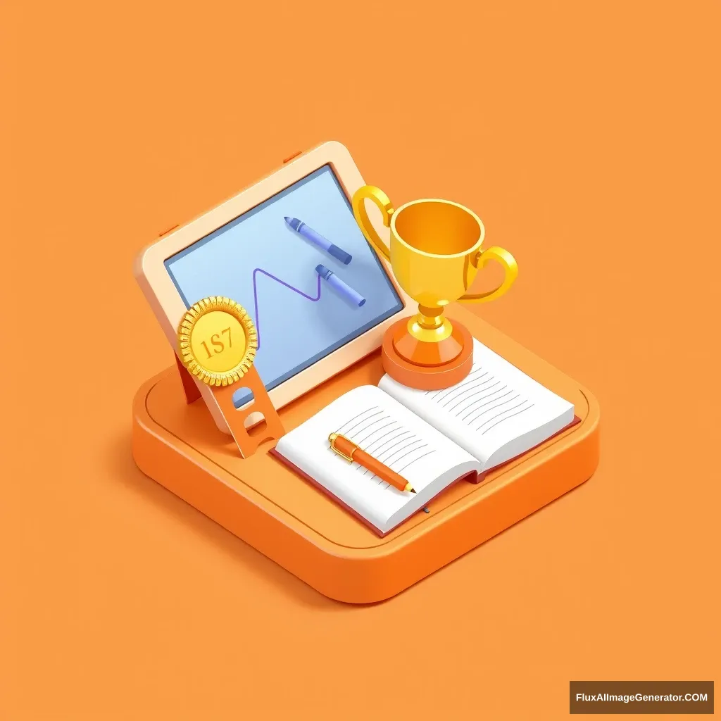 An icon for the app with a drawing tablet, book and trophy rendered in the style of a cartoon, with an orange color theme and simple background. It uses 3D rendering and an isometric view of a table top with bright colors, cute and simple details at a high resolution and quality with high detail. Works that have won best graphic design awards.