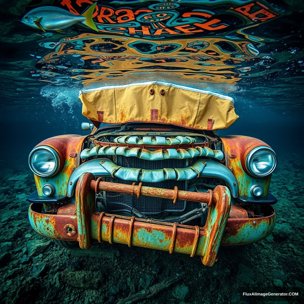 full shot, old rusted damaged smashed car, underwater, colorful, realistic lighting - Image