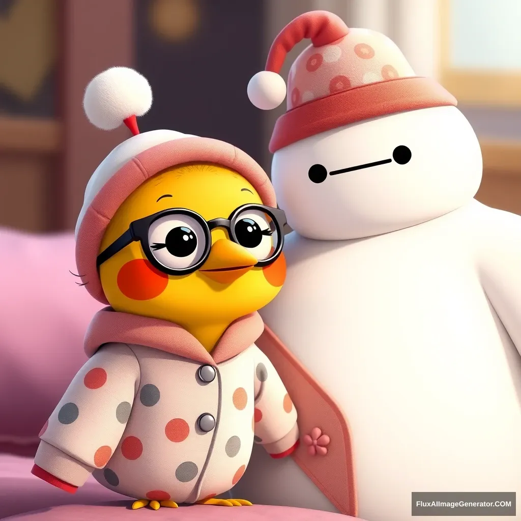 Little and Sweet Kawaii birdie with glasses, a little hat, and pajamas next to Baymax, who is wearing a beautiful pajama and a sleepy hat. - Image