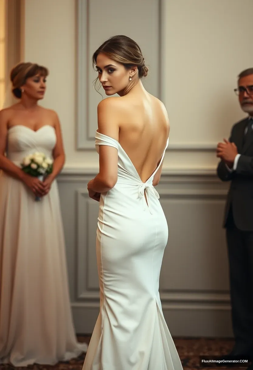 A short young woman, sensitive, delicate, wearing an off-shoulder, backless, strapless, side-less, low-waisted, open-back contouring wedding dress that is starting to come undone, in front of elder patriarchy, expectations, and perfect posture. - Image