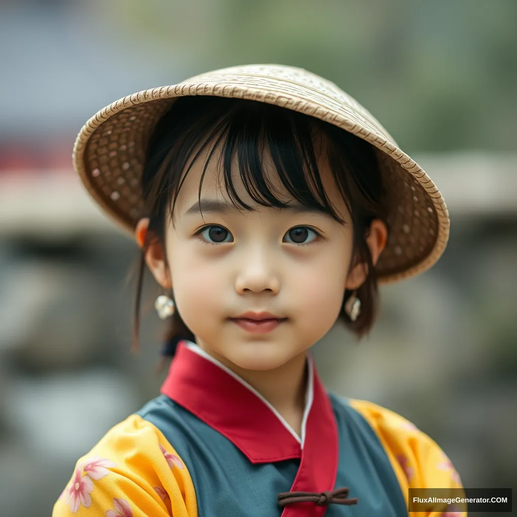 Photo of a cute Korean girl in a hanbok, with a defocused background.