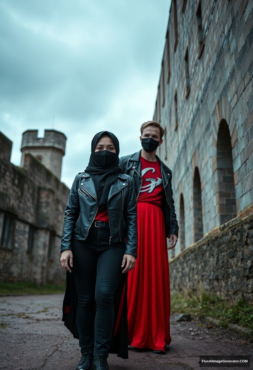 A biggest black hijab girl, beautiful eyes, face mask black, black leather jacket, biggest red longest dress, not tall,

Jamie Dornan, handsome, face mask black, fit and tough body, metal red t-shirt, black leather jacket, jeans, tall man,

standing near wall together,
Hyper realistic, photorealistic, street photography, Victoria's abandoned castle, gloomy. - Image