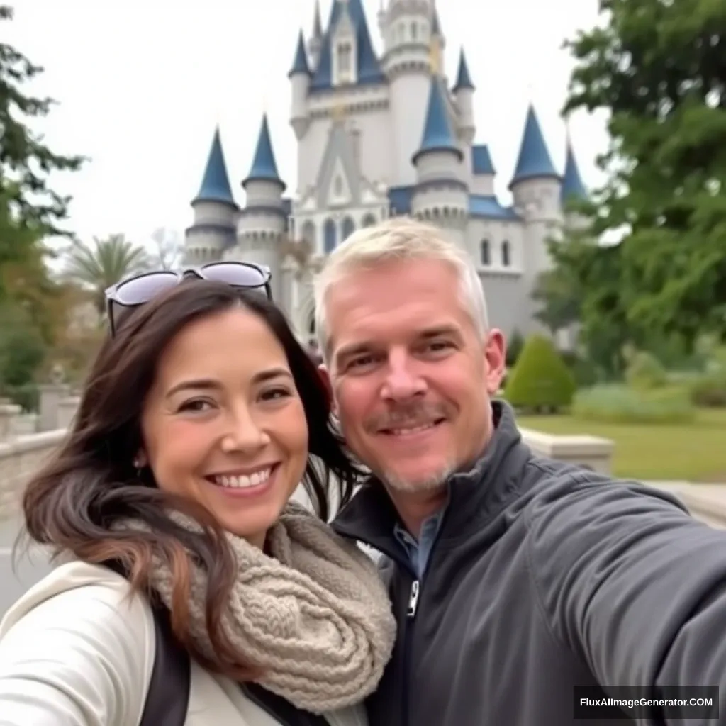 A couple is taking a photo in front of a castle. - Image