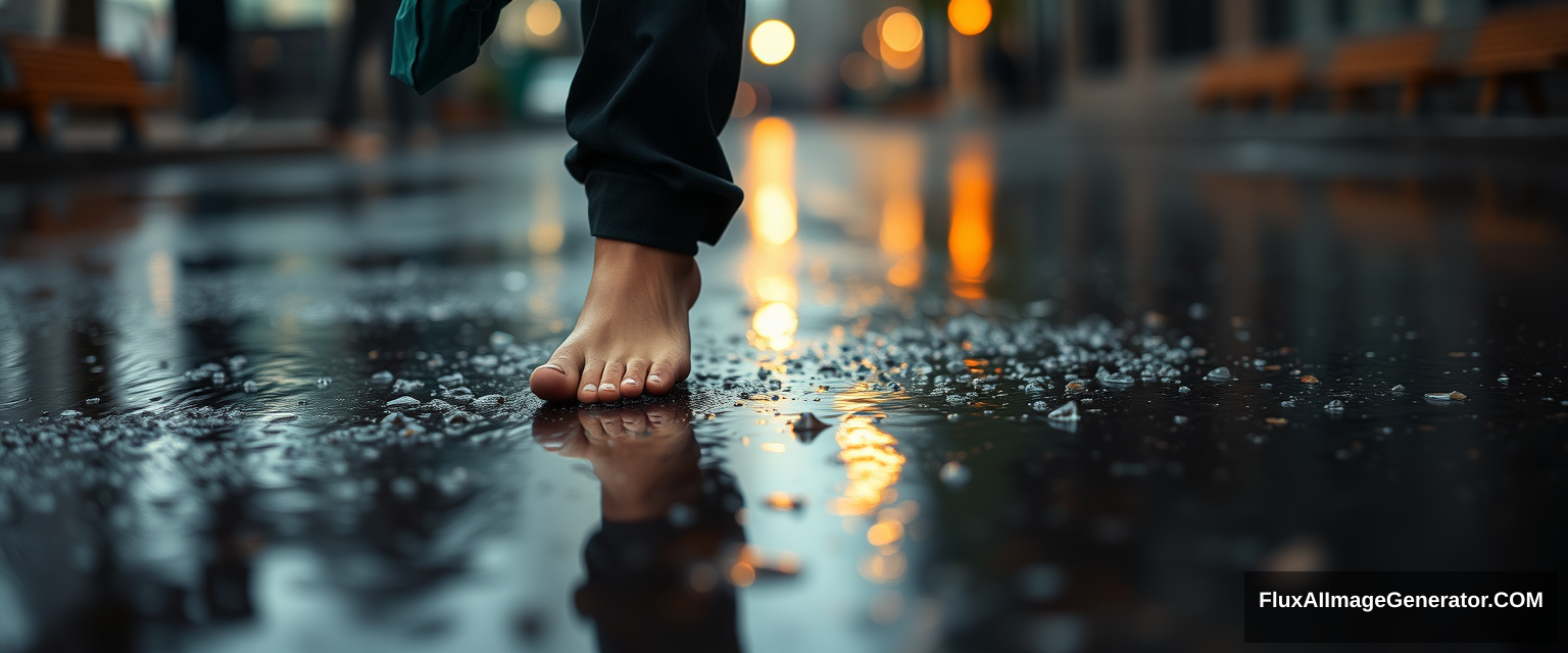 closeup feet walking in the rain