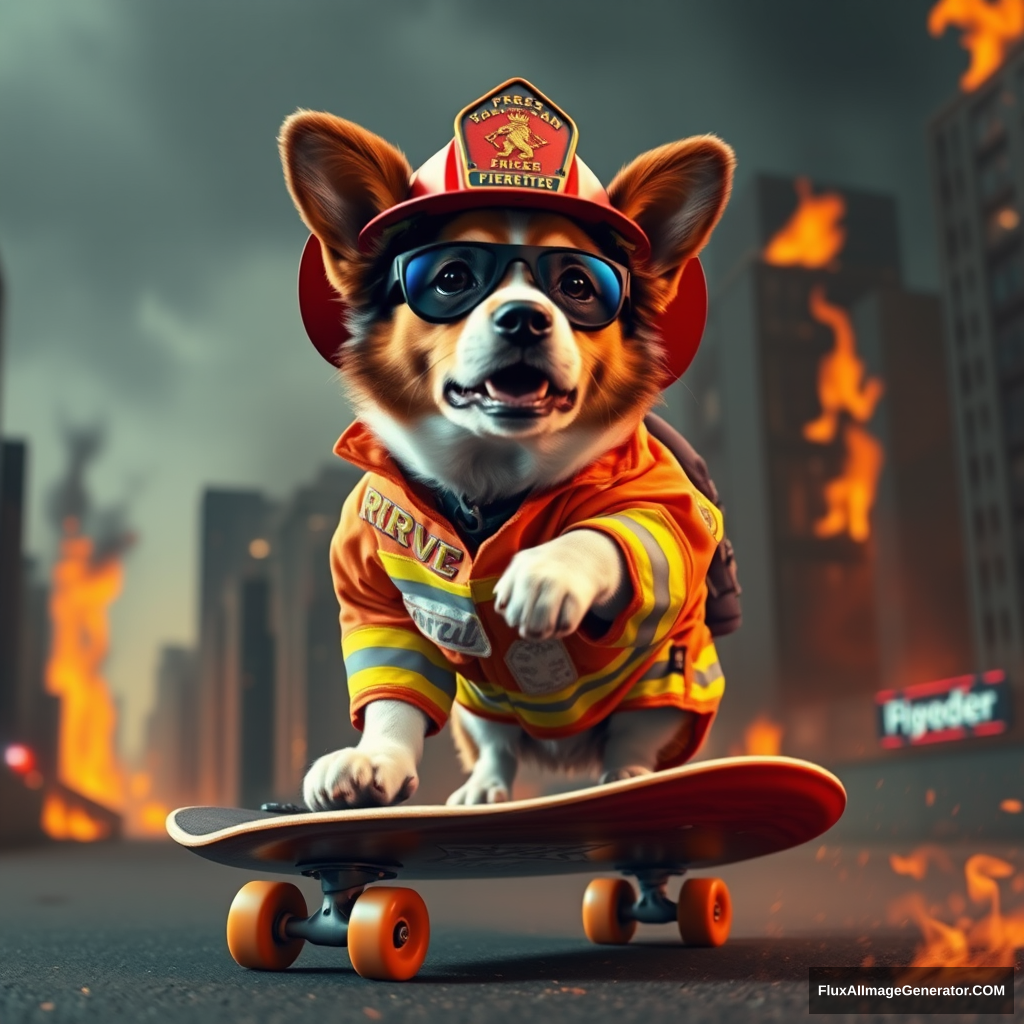 A dog dressed as a firefighter rides a skateboard through a burning city.