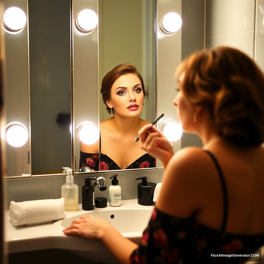 Bathroom, woman, makeup.