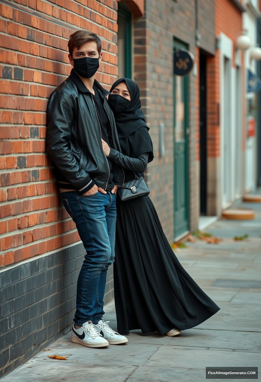 Jamie Dornan, handsome, young, black face mask, collage jacket, jeans, dating a beautiful, romantic Muslim girl in a black hijab with beautiful eyes, wearing a black face mask, black leather jacket, sneakers, and the longest skirt, standing and lying against a brick wall, in the town, morning scenery, photorealistic, street photography.