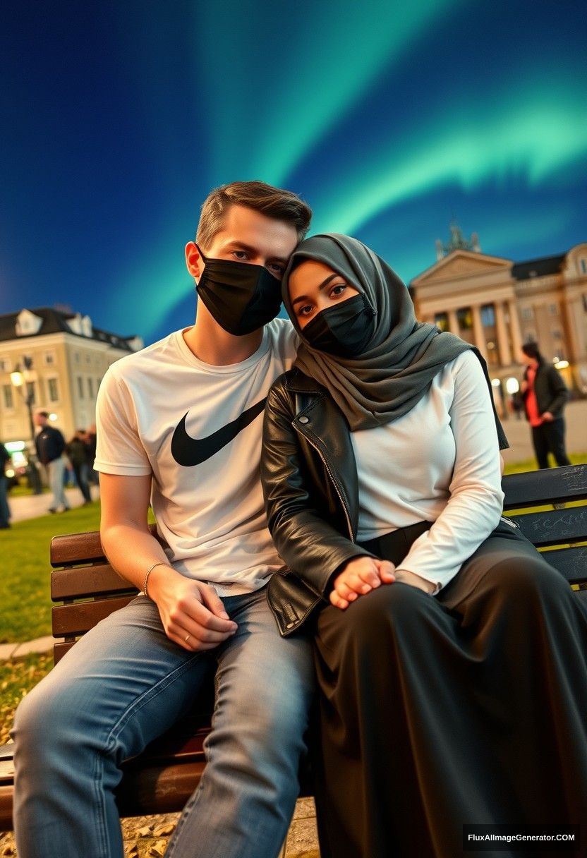 Jamie Dornan, tall, young, wearing a black face mask, a white Nike T-shirt, and jeans, is romantically involved with a beautiful Muslim girl in a grey hijab, who has captivating eyes, a black face mask, and a leather jacket, wearing a very long and wide skirt. She is not tall. They are sitting together on a park bench, with her laying her head on his shoulder in a town setting, with strangers in the background. The scene is photorealistic, resembling a selfie, with a night backdrop featuring the aurora borealis. - Image