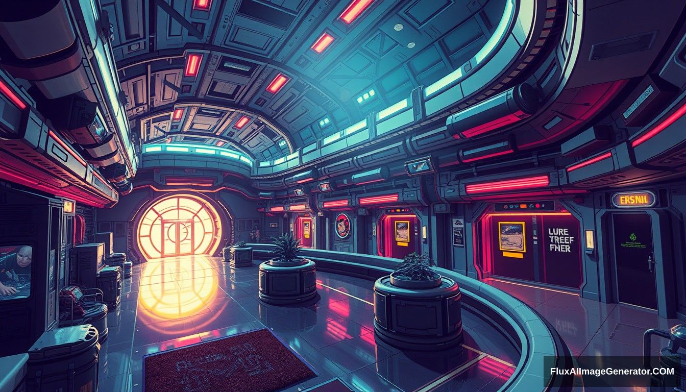 cel shaded art, wide shot, from above, dutch angle, from side, perspective, intense angle, depth of field space, universe, cyberpunk, sci-fi, space station, lobby, sunlight, retro, 70s, indoor, night, star, neon. - Image