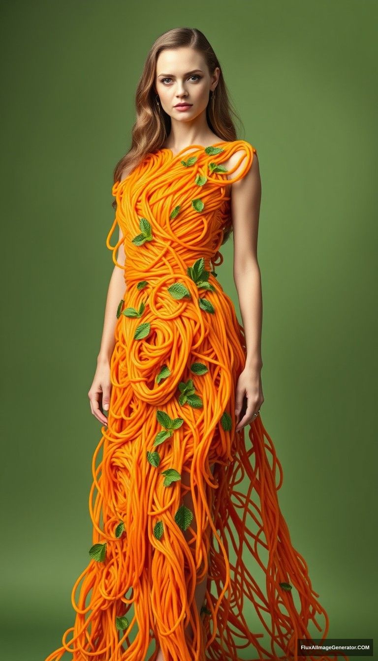 A fashion model stands gracefully against a muted green background, wearing a striking dress made entirely of vibrant orange spaghetti noodles. The dress is intricately designed, with the noodles cascading and twisting around her figure, creating a unique and artistic silhouette. Delicate green mint leaves are scattered throughout the dress, adding a pop of color and a fresh touch. The model has long, wavy hair styled elegantly, and her expression is serene and confident. The lighting is soft, enhancing the textures of the noodles and the overall whimsical vibe of the outfit. - Image