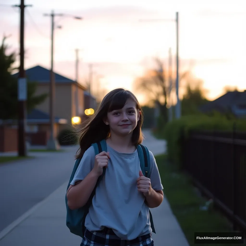 "A high school girl on her way home from school in the evening." - Image